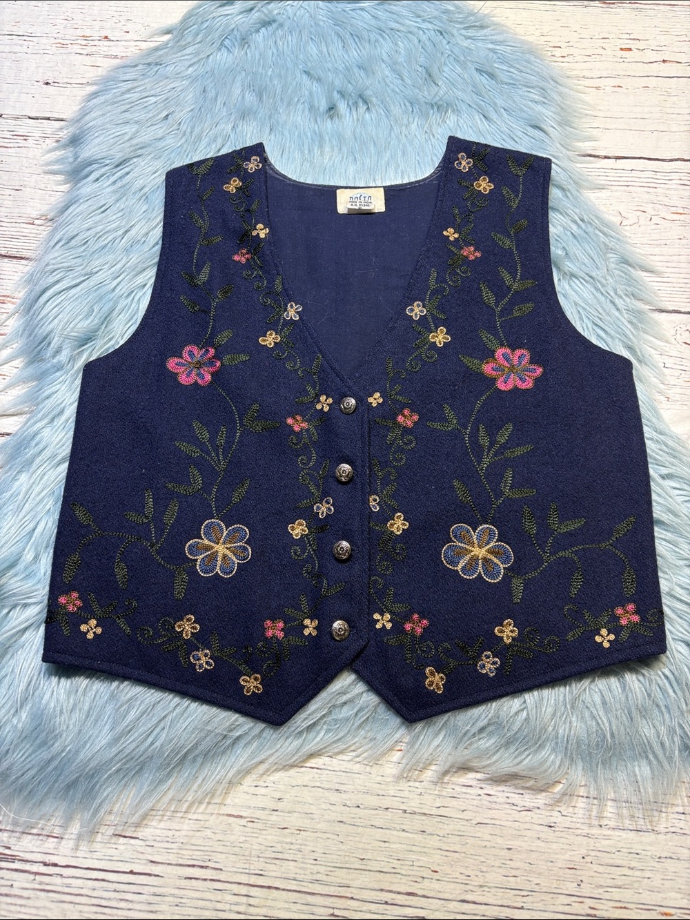 Vintage Pasta Wool Embroidered Floral Navy Button-Up Vest sz S